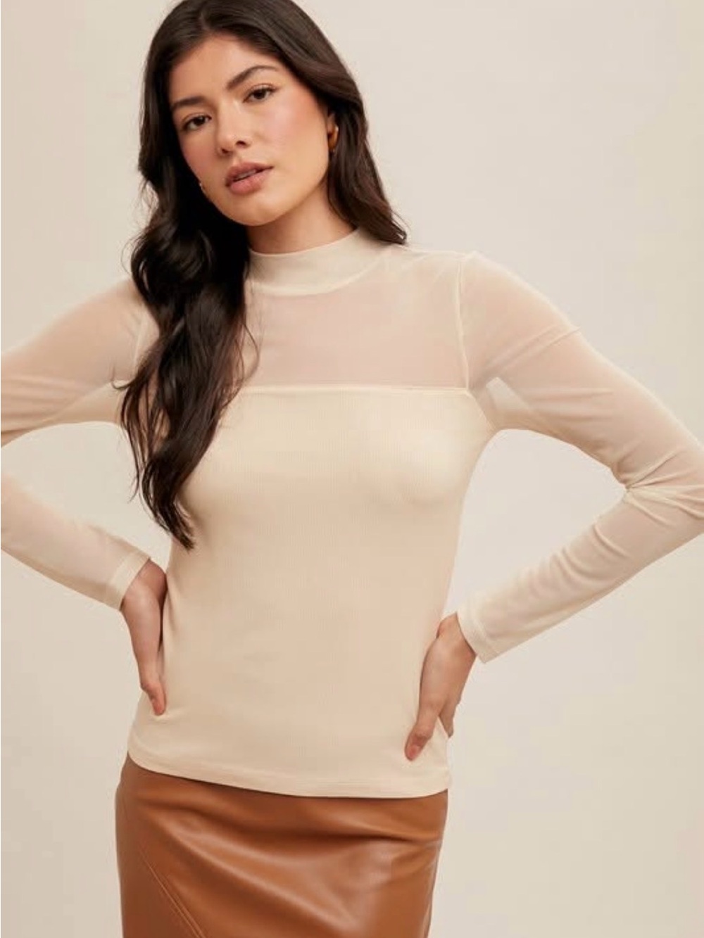 NWT Hem & Thread Cream Sheer Yoke Long Sleeve Top